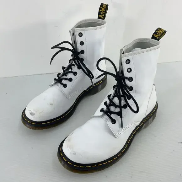 Dr. Martens White Leather 8-Eye Lace-Up Combat Boots with Black Laces - Picture 2 of 7